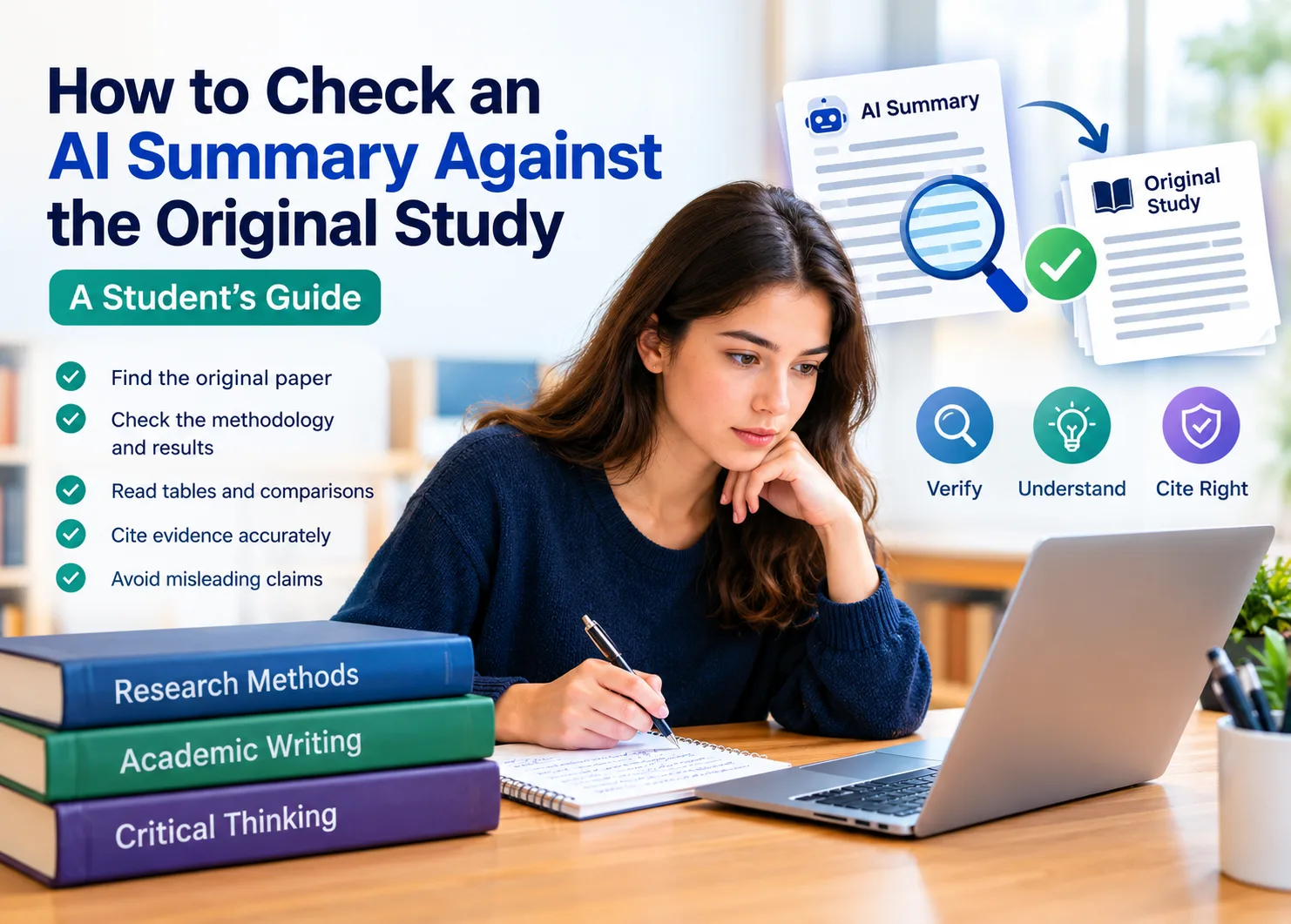 Learn how to verify AI summaries against original research papers, check study methods and results, interpret tables accurately, avoid misleading claims, and cite reliable evidence. This guide helps students improve academic writing, critical thinking, and research accuracy.
